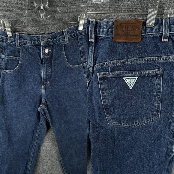 VTG Guess Jeans USA Made Embroidered Logo Blue Dark Wash Tapered Urban 90s - Picture 1 of 16